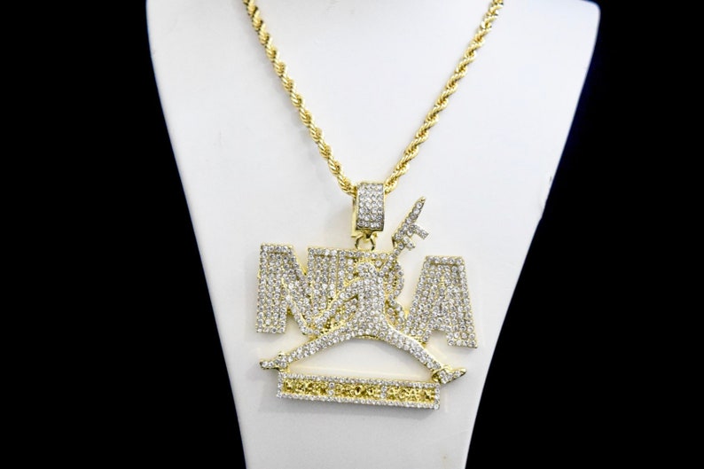14k Gold Overlay Iced Out Hip Hop Nba Never Broke Again Ak47 Charm Pendant With 24 Rope Chain