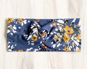 Midnight Blue Mustard Floral Twist Turban - Women’s Headwrap - Gift for Her - Yoga Headband - Wide Women’s Headband - Headband for Nurse