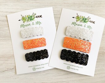 White, Orange and Black Glitter Halloween Snap Clip Set-  Faux Leather Hair Clips, Girls Snap Clip, Girls Hair Clips, Leather