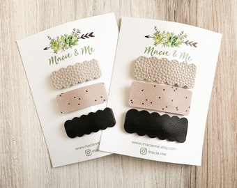 Mushroom Tan, Minimal Heart, Black Basic Snap Clip Set -  Faux Leather Hair Clips, Girls Snap Clips, Girls Hair Clips