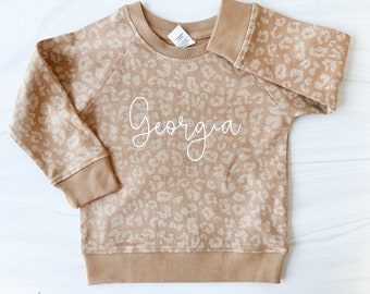 Custom Cursive on Leopard Name Crewneck - Girls shirt - Organic Shirt - Toddler shirt - Custom Baby Name Shirt