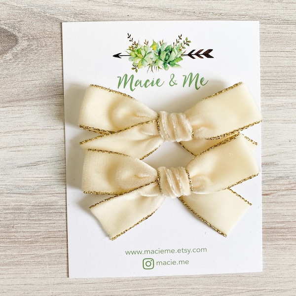 Cream Ivory and Gold Trimmed Velvet Bow(s) | Velvet Pigtail Bows | Little Girls Hair Bows | No Slip Hair Bow | Velvet Bow on Headband