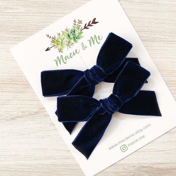 Navy Velvet Bow(s) | Velvet Pigtail Bows | Little Girls Hair Bows | No Slip Hair Bow | Velvet Bow on Headband | Navy Blue Hair Bow