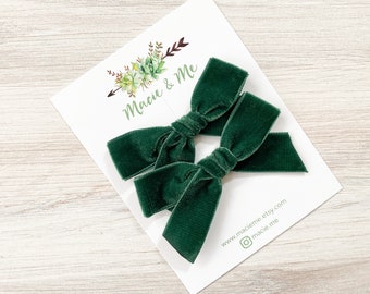 Evergreen Velvet Bows | Christmas Bows | Velvet Pigtail Bows for Girls | Hand tied Velvet Bows | Holiday Pigtail Bows | Dark Green velvet