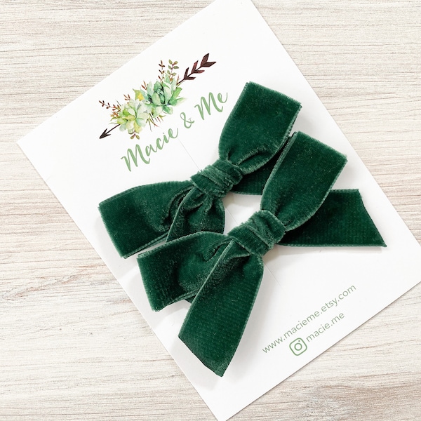 Evergreen Velvet Bows | Christmas Bows | Velvet Pigtail Bows for Girls | Hand tied Velvet Bows | Holiday Pigtail Bows | Dark Green velvet