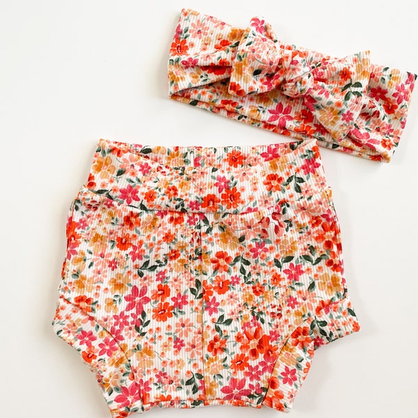 Red and Pink Ribbed Floral Bloomers - Little Girls Shorts - Toddler Shorts - Diaper Covers - Summer Clothing