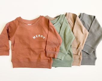 Merry Organic Crewneck - Rust, Green, Taupe, Grey Boys and Girls Crewneck - Holiday Sweatshirt - Modern Kids Clothing