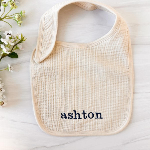 Embroidered Name Natural Gauze Bib - Baby Gift - Gender Neutral Customized Baby Gift - Baby Shower Gift