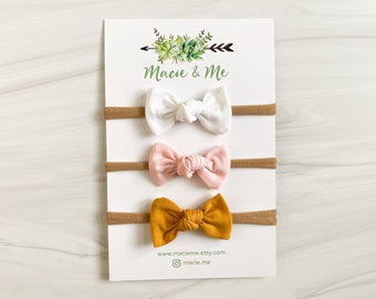 Set of 3 White, Pink, and Mustard Yellow Mini Tied Bow - Baby Bow - Baby Gift - Bow Headband