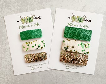 St Patrick’s Day Green and Gold Snap Clip Set in Ivory,  -  Faux Leather Hair Clips, Girls Snap Clips, Girls Hair Clips, Leather Snap Clip