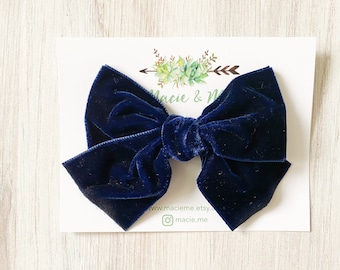 Navy velvet bow - oversized bow - fall color bow - girls bow - school bow - blue bow