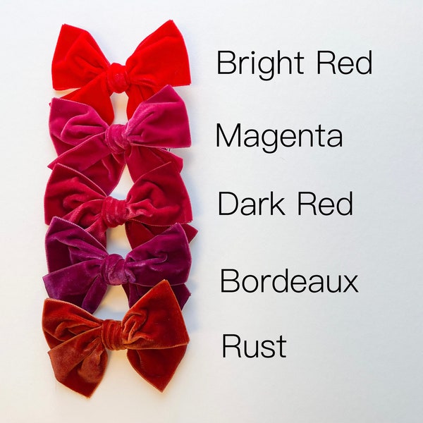 RED SHADES Hand Tied Velvet Hair Bow - Toddler Girls Hair Bows - Pigtail Bows - Velvet Bows on Clips - Large Velvet Bows - Baby Velvet Bows