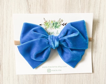 Venetian Blue velvet bow - oversized bow - fall color bow - girls bow - school bow - blue bow