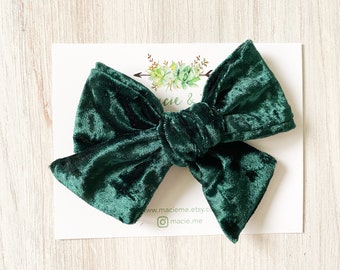 Crushed Velvet Green Bow - holiday bows - school bows - classic bows -  Macie & Me