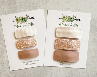 Champagne Glitter Neutral Snap Clip Set -  Faux Leather Hair Clips, Girls Snap Clip, Girls Hair Clips, Leather Snap