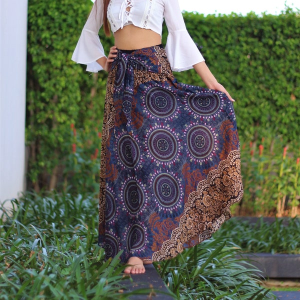 Women Maxi Skirt Bohemian Flared Bow Tie Sash Belt Boho Clothes Floral Brown