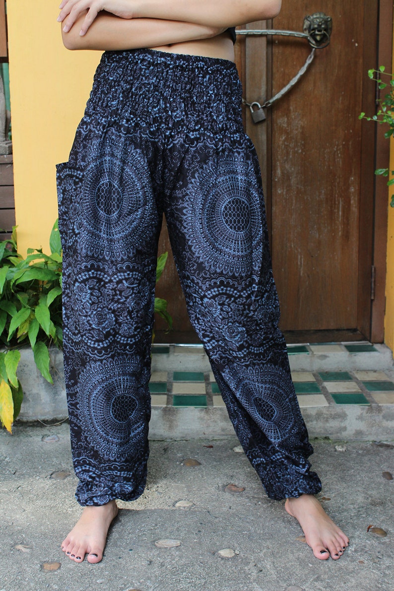 Harem Pants Hippie Boho Flowers Pants Design Blue Navy Etsy