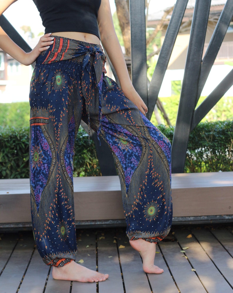 Bohemian Harem Pants Women Hippie Pants Blue Peacock Bow Tie | Etsy