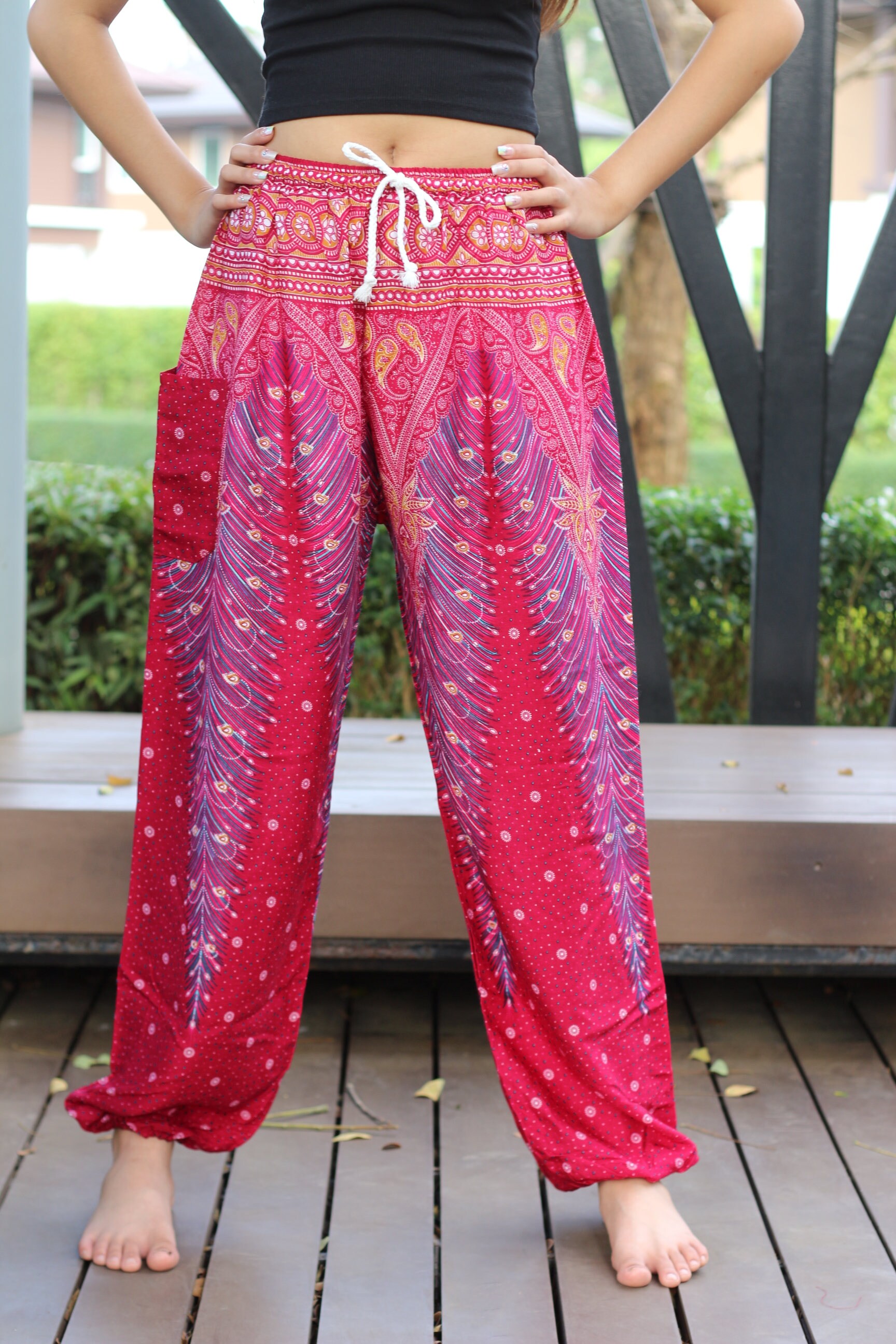 Hippie Pants Bohemian Clothing Peacock Design Red Unisex | Etsy