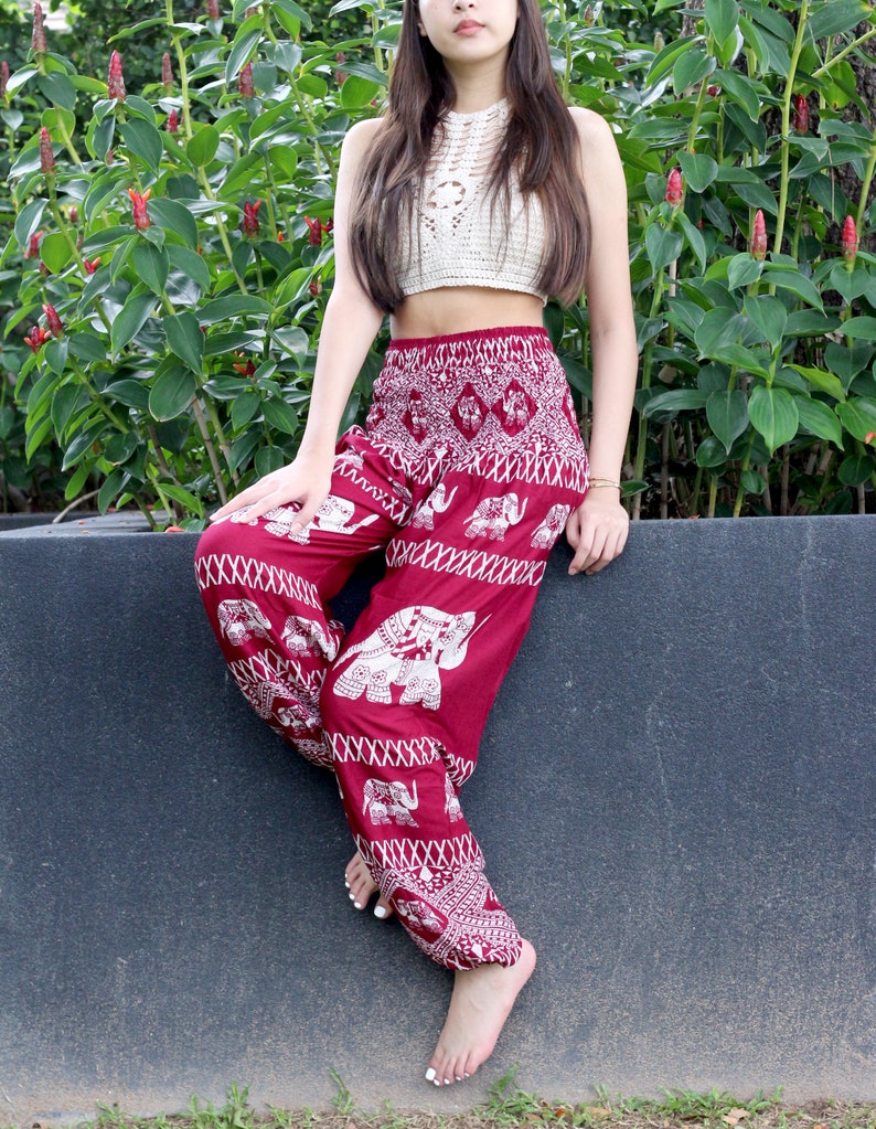 Harem Pants Yoga Hippie Clothes Boho Elephant Print Red One Etsy