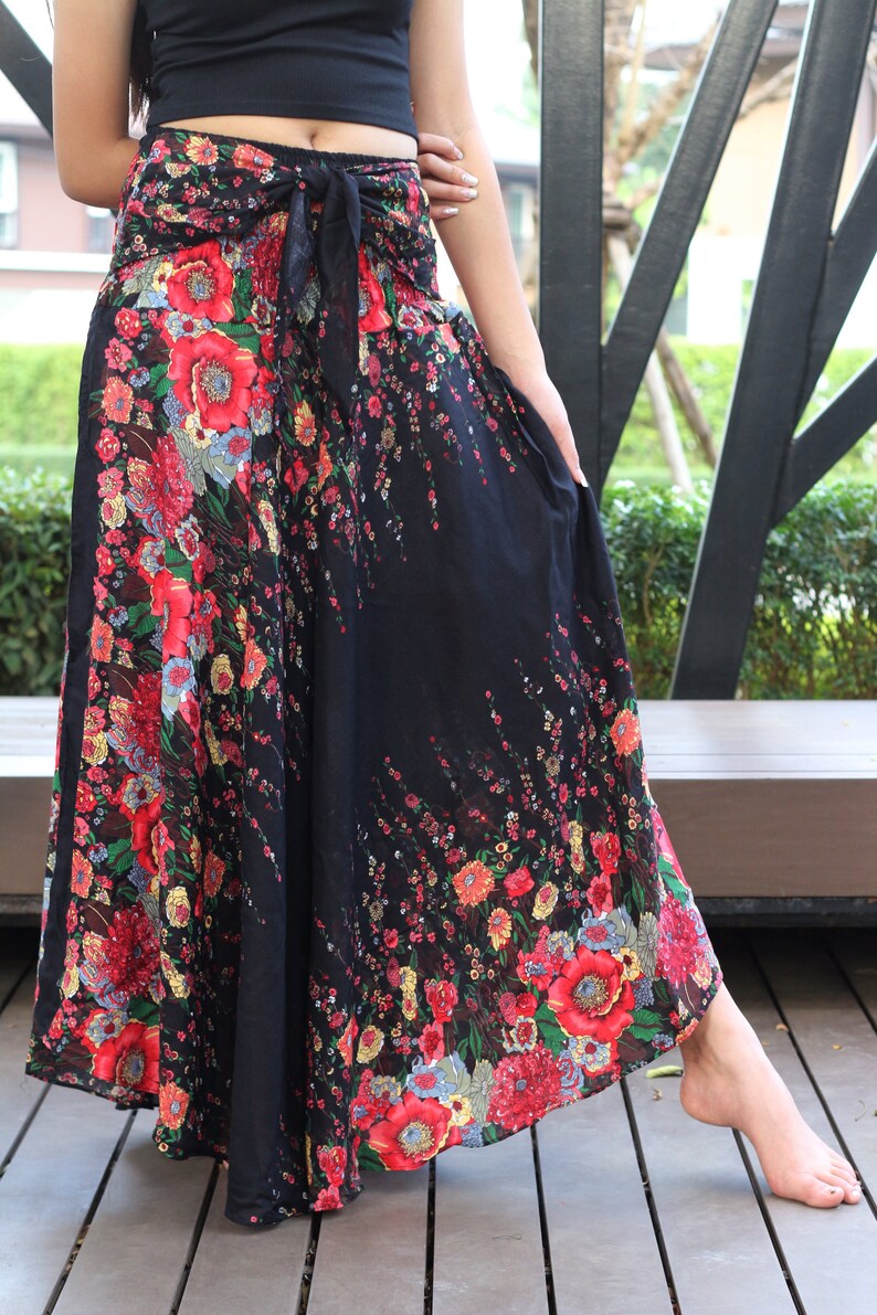 Flower Bohemian Skirt Maxi Skirt Long Skirt Beach Skirt Black Etsy