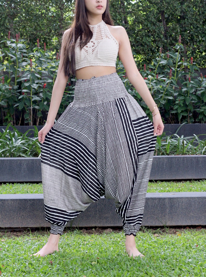B&W Striped Harem Pants Drop Crotch Style Yoga Pants Women Etsy