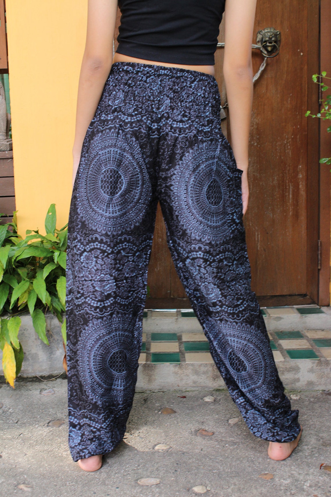 Harem Pants Hippie Boho Flowers Pants Design Blue Navy Etsy