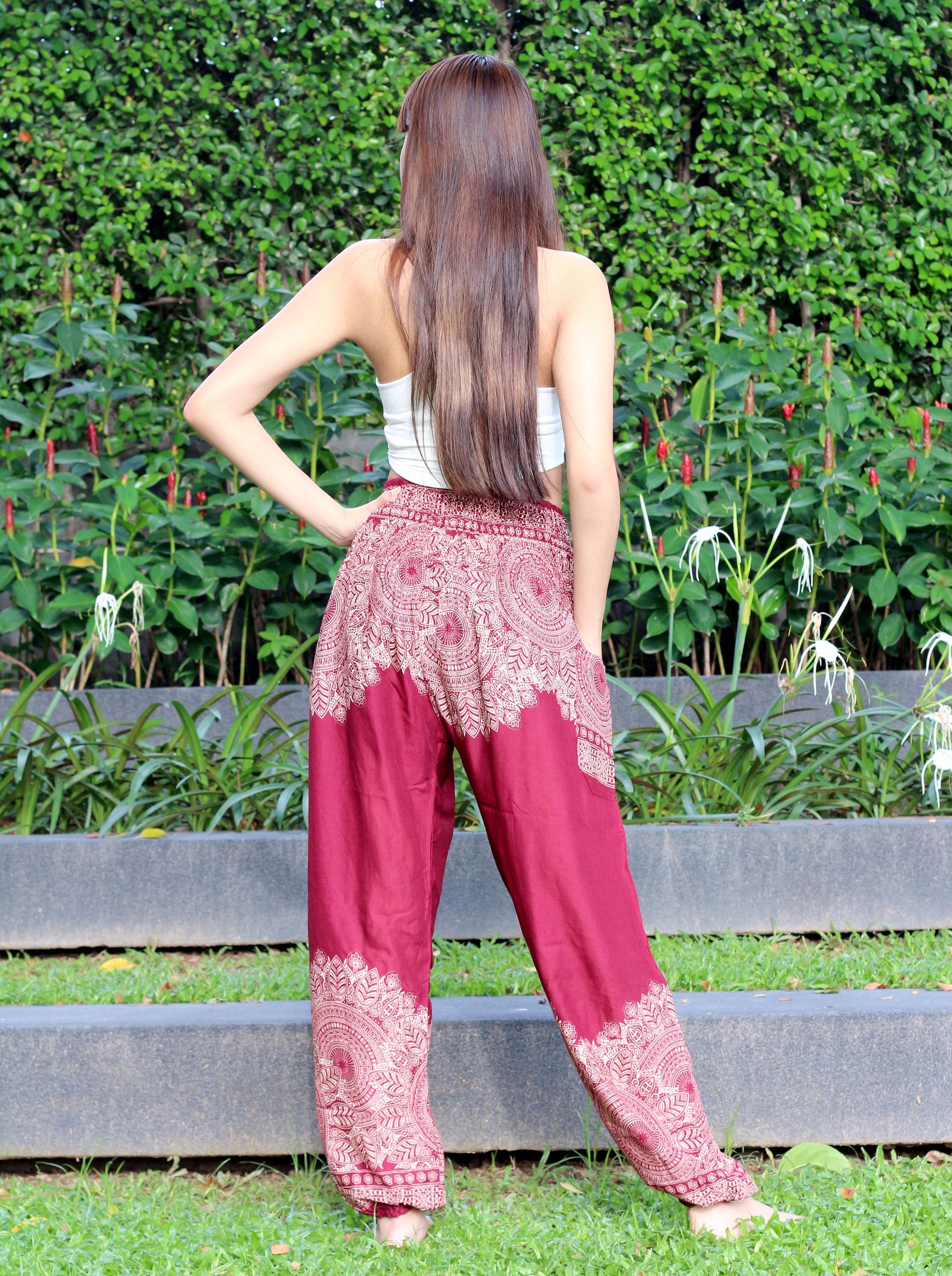 red hippie pants