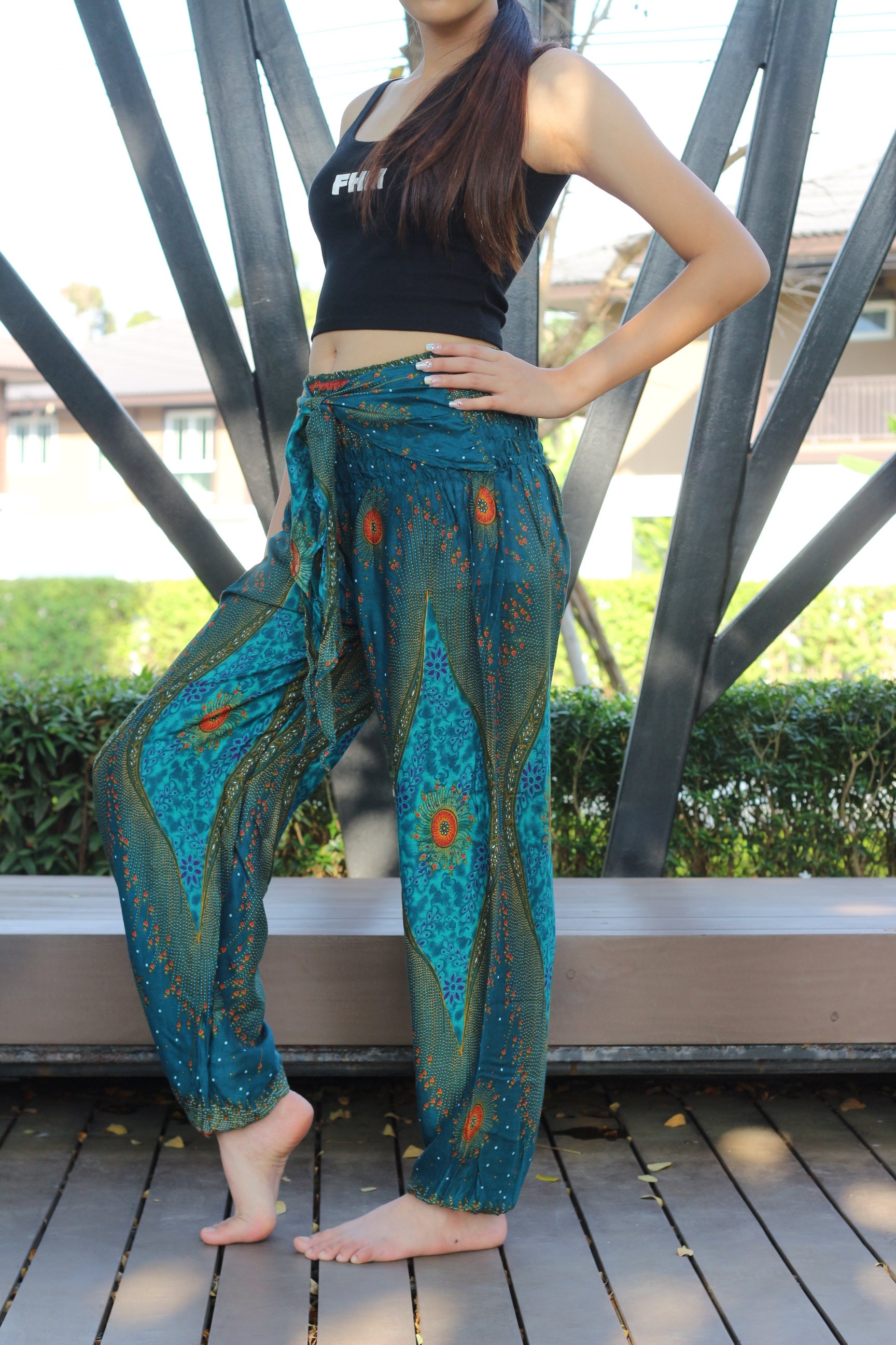 Bohemian Pants Boho Yoga Pants Yoga Wear Green Peacock Bow Tie Etsy