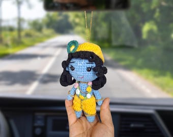 Muñeco Krishna para coche, accesorio para espejo retrovisor con estatua de Sri Krishna, muñeco amigurumi, adorno colgante espiritual hecho a mano de religión única