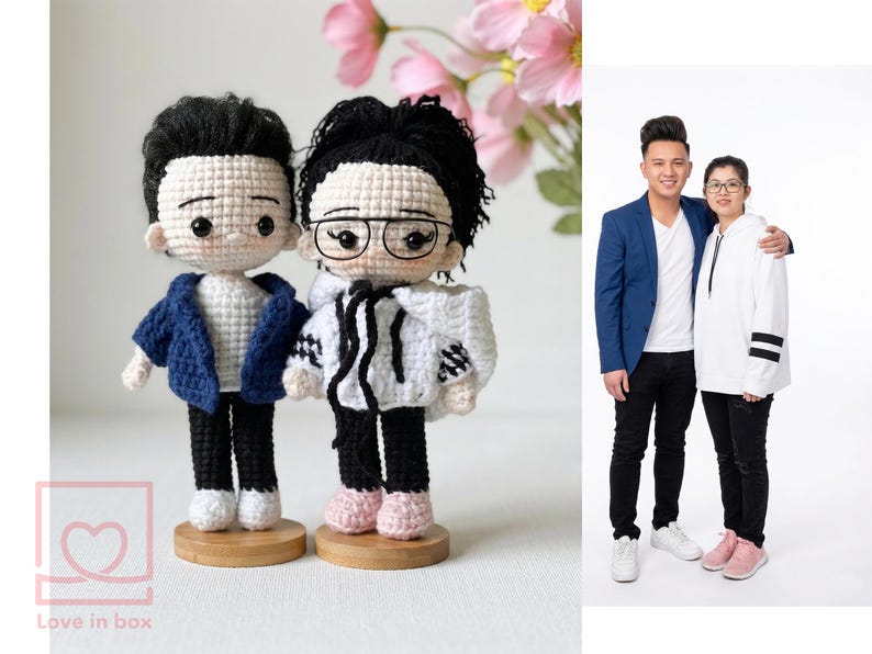 Pair of personalized crochet dolls celebrating a milestone (50th anniversary), detailed grey hair and casual traditional outfits, unique handmade couple gift.