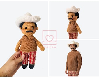 Look Alike Doll, Custom Knitted Doll from Photo, Personalized Crochet Mini Me, Custom Portrait Doll In Loving Memory Mexican Charro