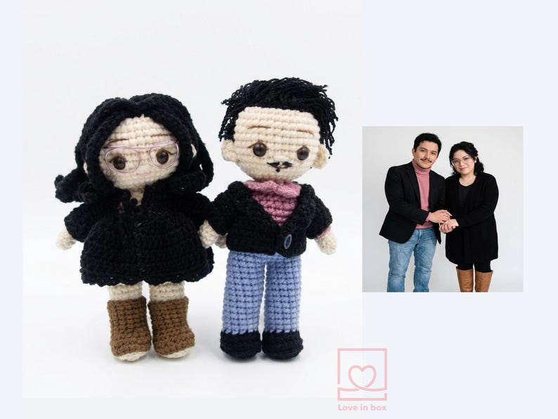Close-up of a personalized amigurumi couple with custom details, perfect 1st anniversary (paper/cotton) gift created from reference photos.