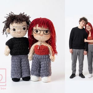Personalized "Mini Me" couple crochet dolls holding hands, highlighting the artist's ability to capture specific hairstyles and outfits from photos.
