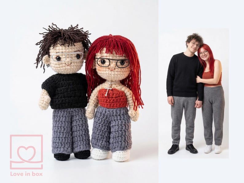 Personalized "Mini Me" couple crochet dolls holding hands, highlighting the artist's ability to capture specific hairstyles and outfits from photos.