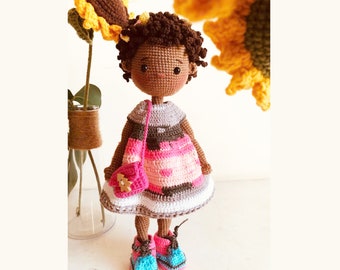 LUNA Crochet Doll, Cute Knitted Doll Finish, Amigurumi Crochet Toy, Completed Custom Giggles Doll Base Crochet Pattern, Black Doll Gift