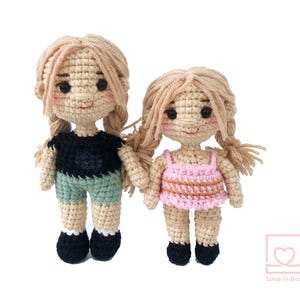 Handmade personalized engagement gift for couples, custom portrait dolls wearing casual outfits from a favorite date photo, amigurumi keepsakes.