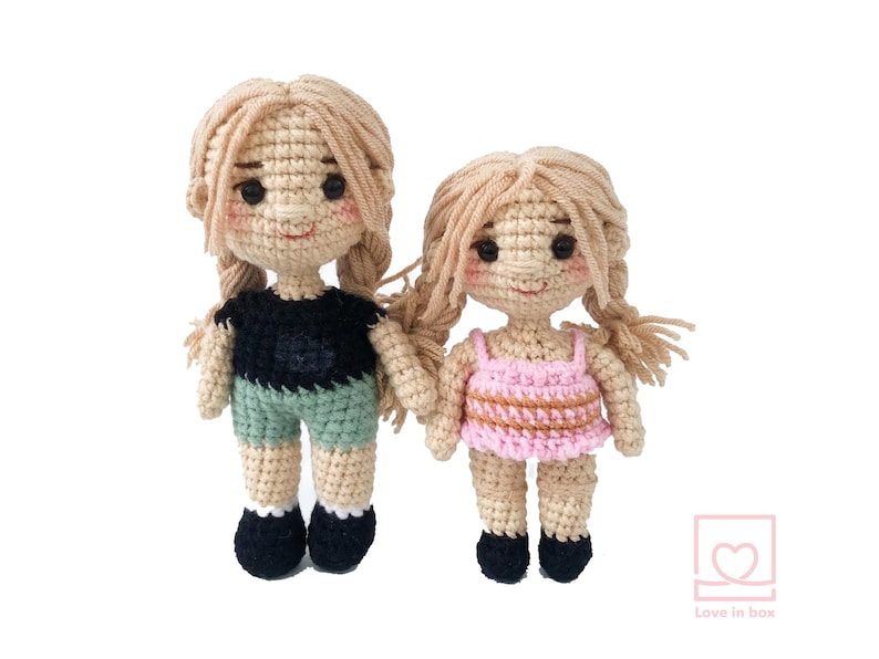 Handmade personalized engagement gift for couples, custom portrait dolls wearing casual outfits from a favorite date photo, amigurumi keepsakes.