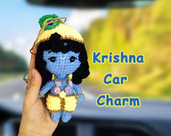 Car Charm Krishna Doll, Sri Krishna Statue Rearview Mirror Accessory, Amigurumi Car Decoration, Religion Handmade Spiritual Hanging Ornament