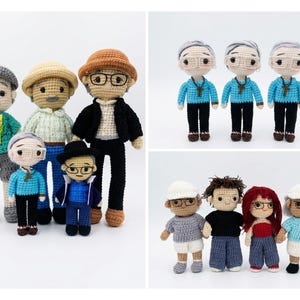 May include: A selection of handmade crochet dolls, each with distinct outfits and accessories. The dolls feature various hairstyles, glasses, and clothing, including hats, jackets, and shorts. The dolls are displayed on a white background.