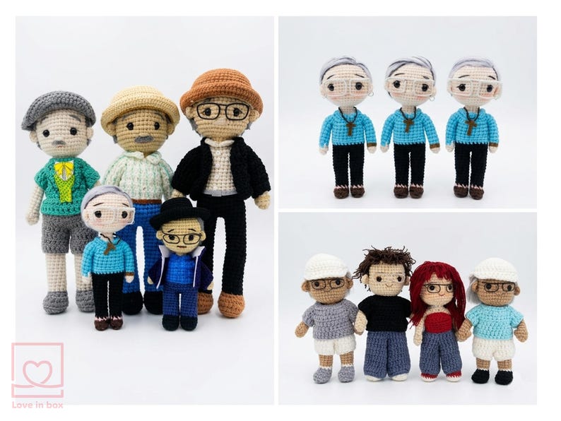 May include: A selection of handmade crochet dolls, each with distinct outfits and accessories. The dolls feature various hairstyles, glasses, and clothing, including hats, jackets, and shorts. The dolls are displayed on a white background.