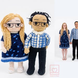 Side-by-side comparison of a real couple and their custom crochet doll versions, showing matching wedding outfits, brown hair, and personalized details.