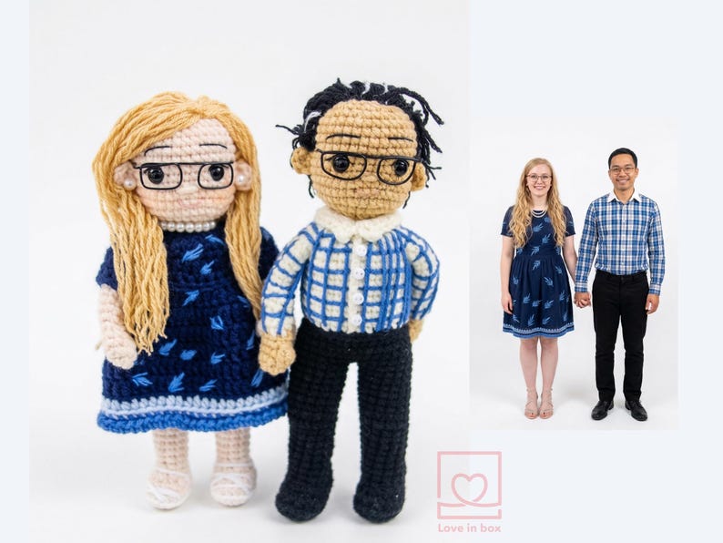Side-by-side comparison of a real couple and their custom crochet doll versions, showing matching wedding outfits, brown hair, and personalized details.