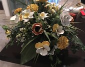 Vintage Porcelain Flower Arrangement set in a milk glass Fenton bowl