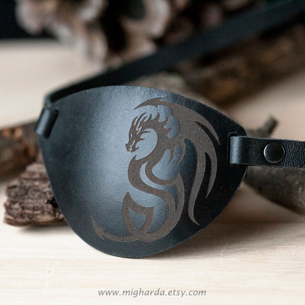Dragon Eye Patch, Personalized Eye Patch, Personalized Gift, Leather Eye Patch with Customized Engraving, Black Eye Patch, Eyepatch