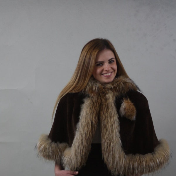 Luxury gift  | Full skin brown sheared mink with fin raccoon  | hooded  | fur stole  | Tews