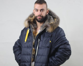 Grey Fox Reversible Men’s Hooded Fur Parka | Hooded Fur Parka | Grey Fox Jacket | Luxury Fur Coat | Holiday Gift for Him