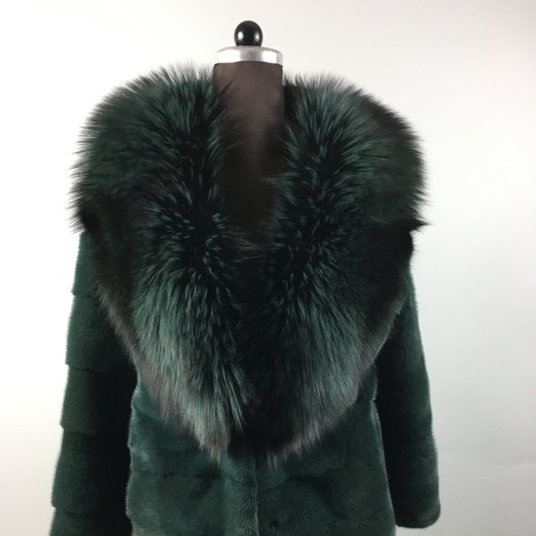 Green Mink Fox Collar Fur Coat | Fox Collar Fur Coat | Green Mink Coat | Luxury Fur Coat | Mink Fur Coat | Fur Coat Gift