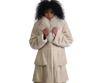 Luxury gift | Beige Beaver  fur Coat  | Fur jacket full skin Knee length |  Wedding or anniversary present |  Gift for her | Geropi