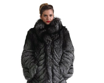 Silver Fox Fur Chevron Jas | Fox Fur Jacket | Fox Bontjas | Silver Fox Jacket | Luxe Bontjas | Vakantiecadeau voor haar |